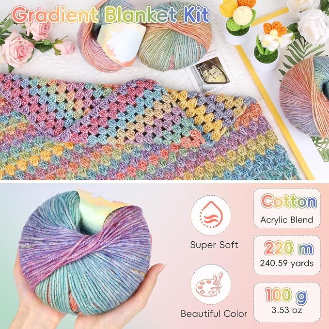 Aeelike Crochet Blanket Kit for Beginner, Easy Crochet Kits, Rainbow Gradient