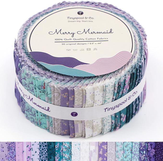 Tinyspool & Co.'s Twirlie Roll 40 Precut Quilting Fabric Strips for Quilting Supplies, Crafting, and Sewing, Soft Cotton Strip for Blanket, Rug, Upholstery, Home Decor, and Purse Making, Merry Mermaid
