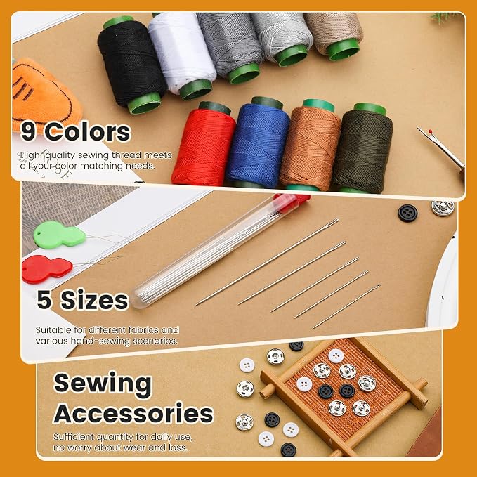 TLKKUE Sewing Kit, Travel Sewing Kit with Upholstery Threads and Needles | Hand Sewing Needles Curved Needle Seam Ripper, Needle and Thread Kit for Sewing Repair Clothing DIY (9 Colors Thread)