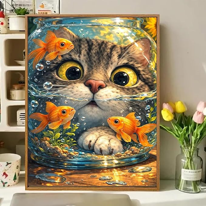 Cat Goldfish Paint by Numbers Kit for Adults Framed Canvas, Frameworkless | Easy Adult Paint by Number Kits on Canvas DIY Cat Goldfish Painting for Beginners Art by Numbers for Home Wall Decor 12X16 in