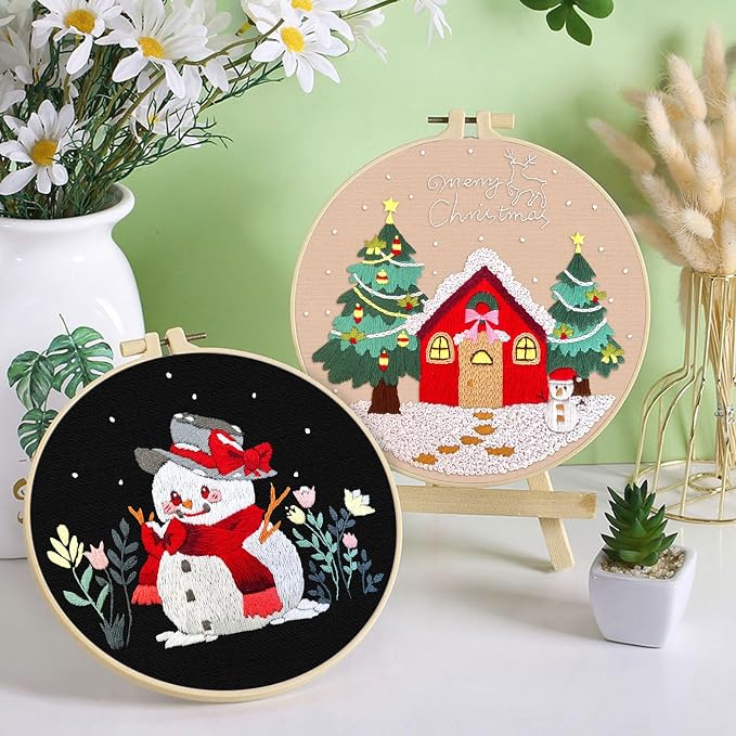 ERKOON 3 Sets Embroidery Kit for Beginners, Christmas Cross Stitch Set with Easy Pattern Embroidery Cloth Hoops Threads for Craft Lover Hand Stitch