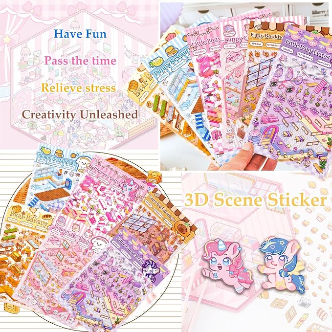DIY 3D Sticker Scene 6 Sets of Stickers for Girls Make Your Own Mini Room Scene Stickers for Kids Cute Kawaii Sticker Therapy for Adult Relief Stress Pass The Time
