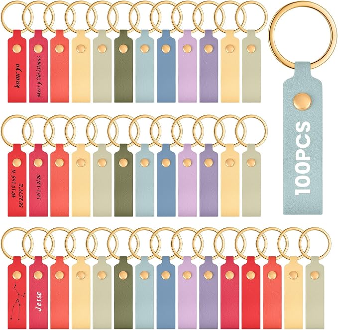 Wavyknot 100 Pcs Leather Keychain Blanks, 3.7 x 0.7 Inches, Rainbow