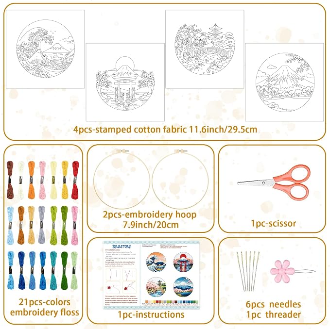 BEUNITONE 4 Pcs Embroidery Kit for Beginner, Ukiyo-e Style Landscape Wave Pattern Embroidery Materials, Cross Stitch Set with Cloth, Thread, Needle and Hoop Tools for Friendship Gift and Home Decor