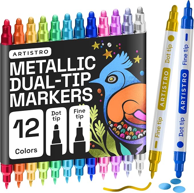 ARTISTRO Metallic Dual-Tip Acrylic Paint Marker Pens - Set of 12 | For Fabric, Rock, Glass, Wood, & Coloring Books, Arts & Crafts Gift, Classroom Must Haves & School Supplies (Dot & Fine Tips)