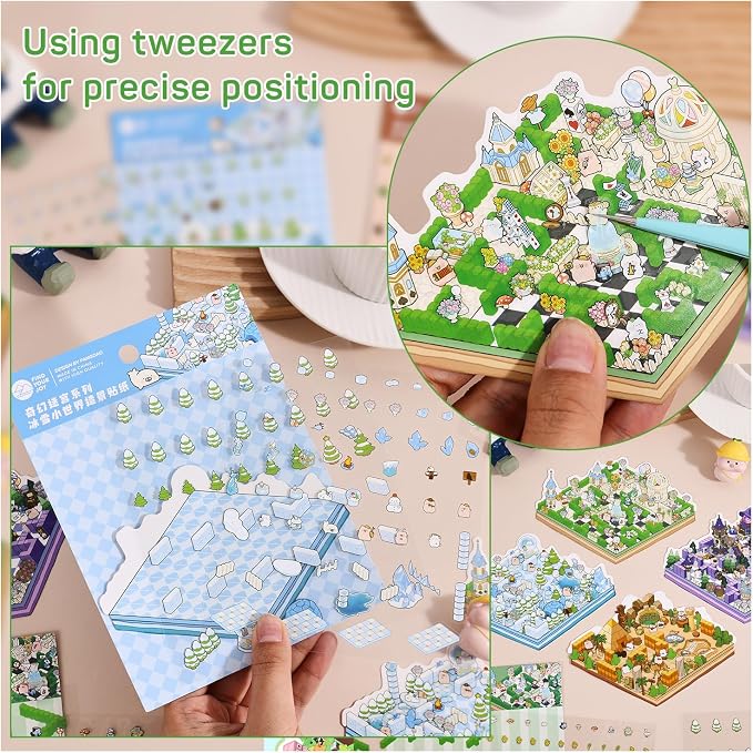 Girls 3D Miniature Scene Stickers,4 Sets Fantasy Maze DIY House Stickers for Alice's Garden, Magic Garden, Desert Adventure, Snow Maze, 3D Sticker Scenes for Adult Kids Relief Stress Pass The Time