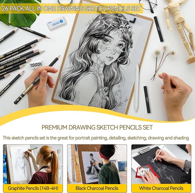 MARTCOLOR 26 Pcs Drawing Sketching Pencil Set, Graphite Pencils (14B-4H) | Charcoal Pencils, Charcoal Sticks, Blending Stump, Eraser, Sharpeners, Artist Pencils for Beginners & Pro Artists