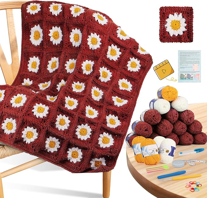 Coopay Crochet Kit for Beginners, Granny Square Crochet Blanket Kit, Red | Crochet Kit W/Video Tutorial & Digital Instructions, All Accessories Included, Easy Knitting to Create Granny Square Blanket