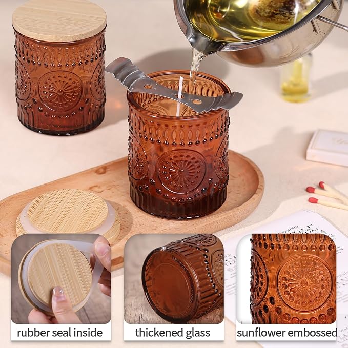 DARJEN 10 Pcs 8oz Glass Candle Jars with Lids, Candle Tins-Amber | Premium Thick Glass, Secure Wooden Lids- Candle Jars for DIY Candle Making, Stunning Sunflower Design