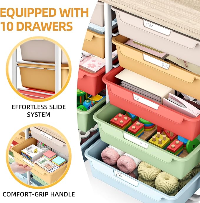 10 Drawer Rolling Storage Cart with Wood Top for Classroom Crafts Colorful | Easy Setup, Large Capacity, Sturdy Build, Lockable Mobility, For office, classroom and home supplies