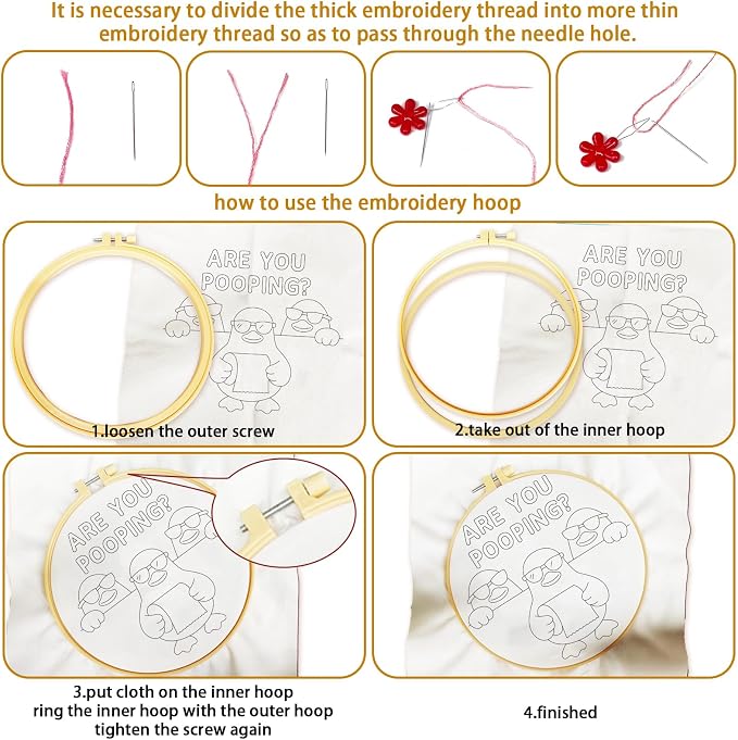 BEUNITONE 4 Pack Beginner Embroidery Kit for Adults, Funny Animal Pre-Stamped Pattern Needlepoint Kits with Hoop, Tools & Instruction, 7.9"x7.9" Hand Embroidery Kits for Fabric and Home Decor