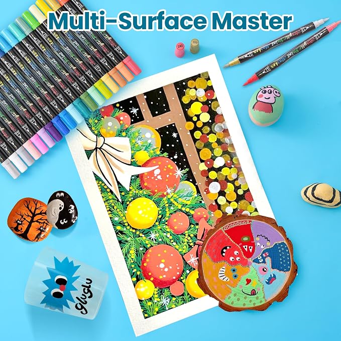 36 Colors Acrylic Paint Markers,18 Pack Dual-Color Acrylic Paint Pens with Brush Tip Contain 2 Metallic Colors for Rock Painting,Egg,Wood,Glass,Canvas,Fabric,Ceramic,Crafts,Art Supplies (36 Colors)