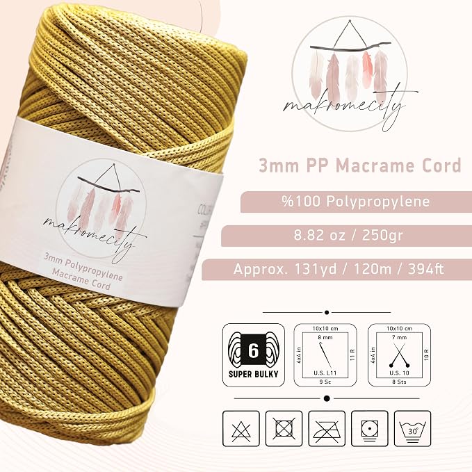 Makromecity, Premium Polyester Macrame Cord 3mm x 131 Yards (394 feet) 3mm Polypropylene Mustard Macrame Cord Crochet Macrame Bag Cord Crafts for Wall Hangings, Bags, Underplate, Rug