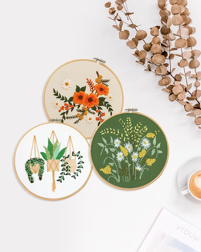 Santune 3 Sets Embroidery Kit for Beginners Needlepoint Cross Stitch Kits for Adults,Stitch Learning DIY Sets with Instruction Video,Stamped Floral Patterns,Hoop,Threads,Sewing Kit