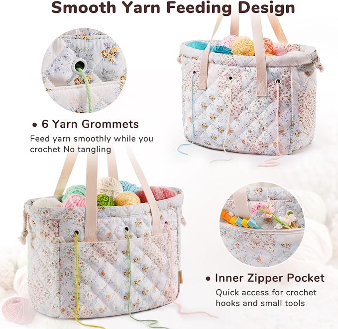 MYBAGZING Portable Crochet Bag Organizer with Crochet Hook Organizer Roll, Quilted Yarn Storage Tote with Grommets, Knitting Project Bag for Yarn & Accessories, Floral Craft Tote Gift for Crocheters