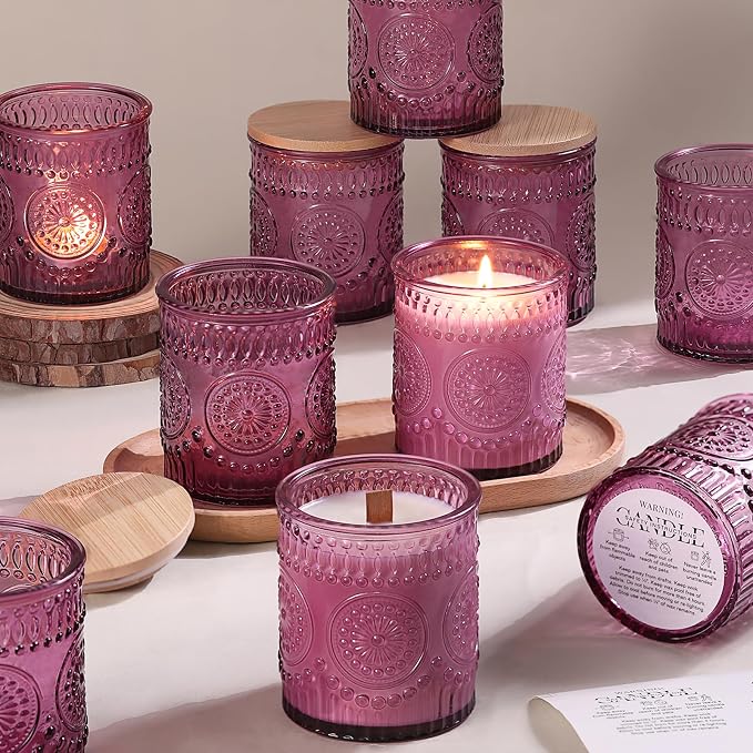 DARJEN 10 Pcs 8oz Glass Candle Jars with Lids, Candle Tins-Purple | Premium Thick Glass, Secure Wooden Lids- Candle Jars for DIY Candle Making, Stunning Sunflower Design