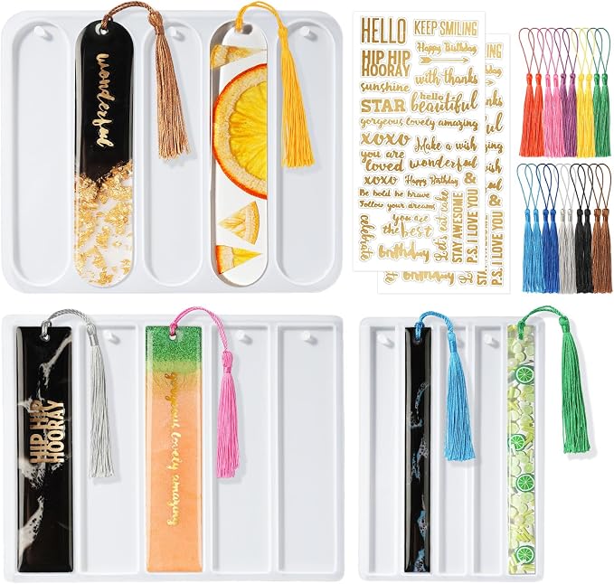 Bookmarks Resin Silicone Molds Kit with 2 Stickers, 20 Pcs Bookmark Tassels | Set of 3 Epoxy Resin Bookmark Molds Casting Molds for DIY book mark Craft Making