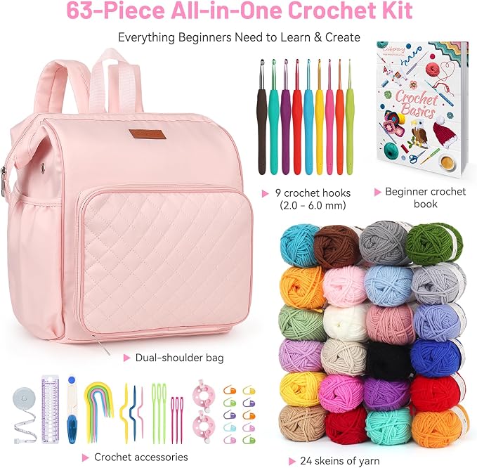 Coopay All-in-One Crochet Kit for Beginners Adults Kids-Ideal Crochet Gift | Beginner Crochet Kits Include Large Crochet Backpack,Hooks,Yarn and Easy-to-Follow Tutorial, Crochet & Knitting Supplies