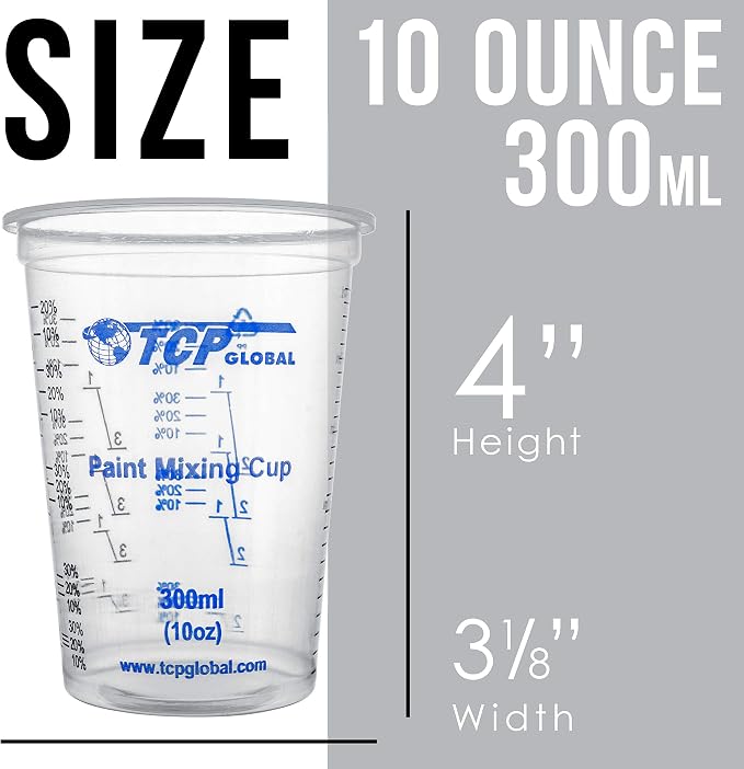 TCP Global 10 oz. (300ml) Graduated Plastic Mixing Cups - Box of 100 | Plus 50 Mixing Sticks, Disposable Plastic Measuring Cups for Liquids, Paints, Resin, Epoxy, Kitchen , Ratios 2-1, 3-1, 4-1 ML