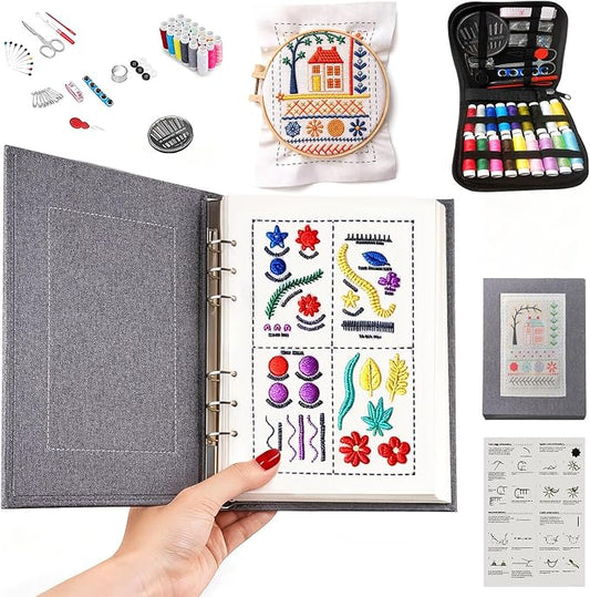 Vipxsa Embroidery Stitch Book Kit for Beginners, 138 Patterns with Embroidery Hoop & 87 PCS Tools, Portable Loose-Leaf Beginner Embroidery Kit Hand Embroidery Starter Kit for Adults DIY Craft Lovers