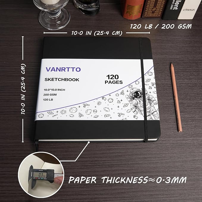 Vanrtto Hardcover Square Sketch Book, Mixed Media Sketchbook 10x10 Inch | Hardcover Square Sketchbook 120lb/200GSM Sketchbook Drawing Paper for Watercolor Mixed Media, 60 Sheets/120 Pages Sketch Pad