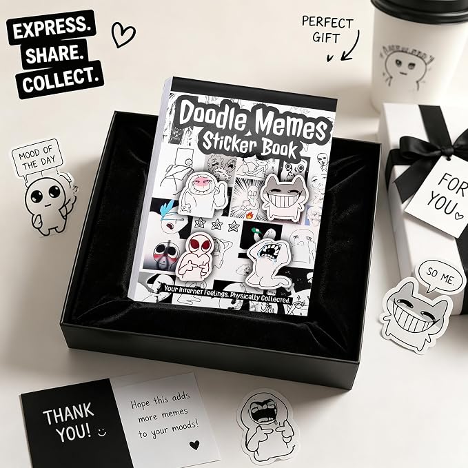 Tmtains Doodle Meme Sticker Book 460+Pcs 36 Sheets Black & White Cute Sticker Book funny meme stickers for Adults Die Cut Vinyl Stickers for ournaling Scrapbooking Phone Laptop Water Bottles DIY Gifts