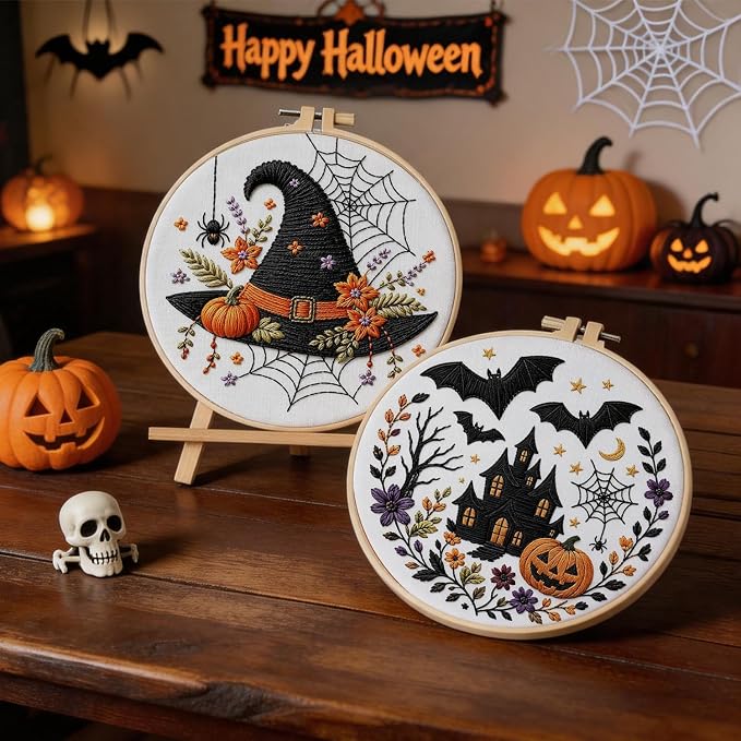 Halloween Embroidery Kit, Skeleton Cross Stitch Kits, 4 Set Craft Kits for Beginners with Pre-Printed Embroidery Fabric, Hoops, Step-by-Step Instructions, Color Threads & Needles (Halloween-4 Set)