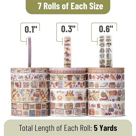 Mr. Pen- Washi Tape Set, 21 Rolls, Assorted Sizes, 5 Yards/Roll | Washi Tape for Scrapbook, Arts, Crafts, Journals and Planners, Nostalgic Theme