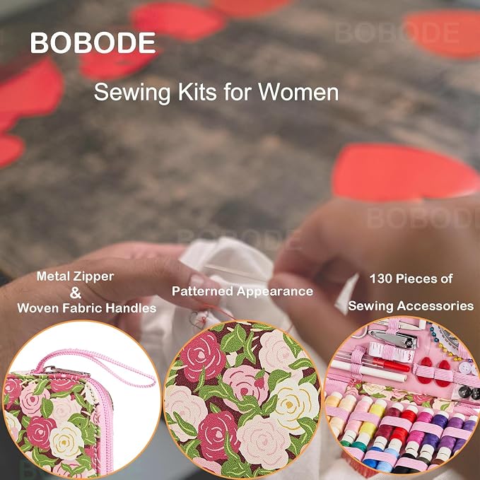 Rose Floral Sewing Kit with 130 PCS Sewing Supplies Accessory,PU Zipper Sewing Needles Set, Professional Travel Sewing Kit for Adults,Emergency, Beginners