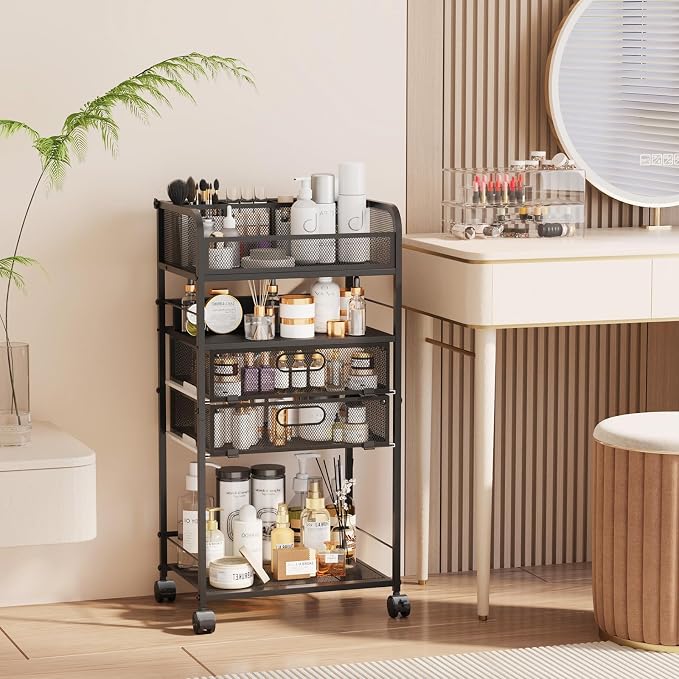 Homsorout Art cart, 5 Tier Rolling Cart - Utility Cart with Storage Drawer and Wheels, Versatile Art & Craft Organizer for Home, Office, or Studio Ideal for Storing Brushes, Paints （Black）