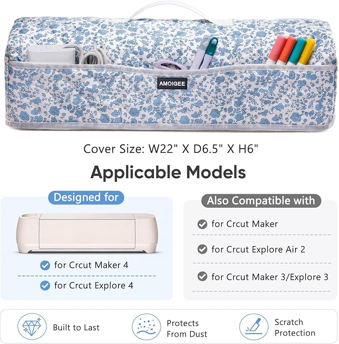 AMOIGEE Dust Cover for Cricuttt Maker 4 & Explore 4/3, Maker 3, Air 2, Quilted Protective Cover with Storage Pockets for Cutting Machine, Floral Fabric Anti-Dust Cover for Craft Machine Organizer