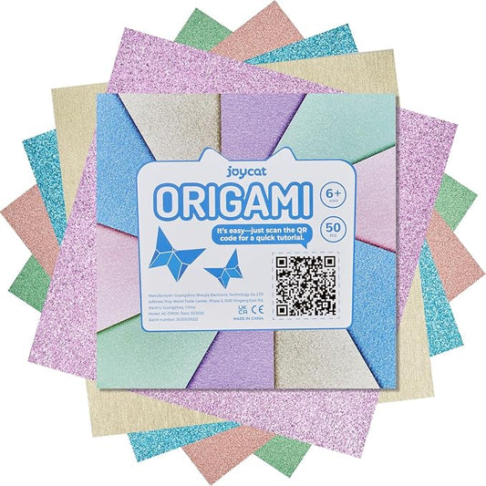 JoyCat Pastel Glitter Origami Paper, 50 Sheets, 5 Colors, 6x6 Inch | Five soft glitter colors add delicate shimmer to origami, party decor, gift accents, journaling and romantic paper crafts.