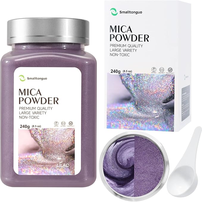 Mica Powder, Lilac, 240g with Scoop, Complies with ASTM D-4236 | For Epoxy Resin, Soap, Bath Bomb, Candle| Safety Material| Odorless| Brilliant Colors