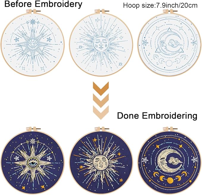 Louise Maelys 3 Pack Tarot Sun Moon Embroidery Kit for Beginners Celestial | Cross Stitch Kit for Adults, Complete Starters DIY Needlepoint Kit with Sun Moon Star Evil Eye Pattern and Instructions