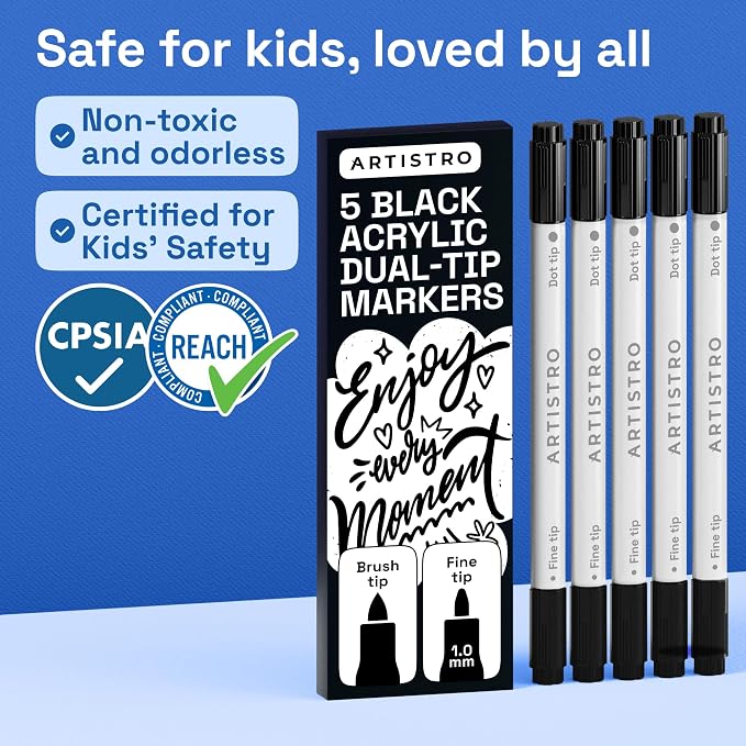 ARTISTRO Black Dual-Tip Acrylic Paint Marker Pens - Set of 5 | For Fabric, Rock, Glass, Wood, & Coloring Books, Arts & Crafts Gift, Classroom Must Haves & School Supplies (Dot & Fine Tips)