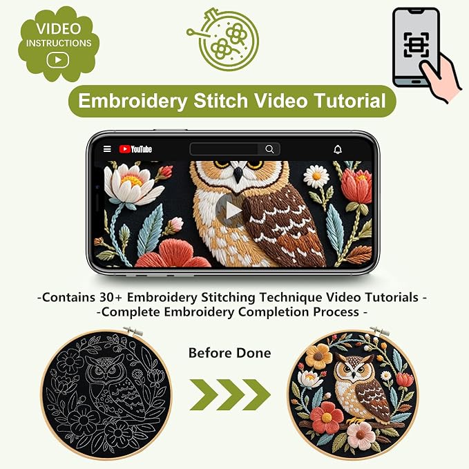 Santune Embroidery Kit for Beginners Needlepoint Cross Stitch Kits Adult Needle Point Sets with Owl Embroidery Patterns, Includes Step-By-Step Instructions and Accessories