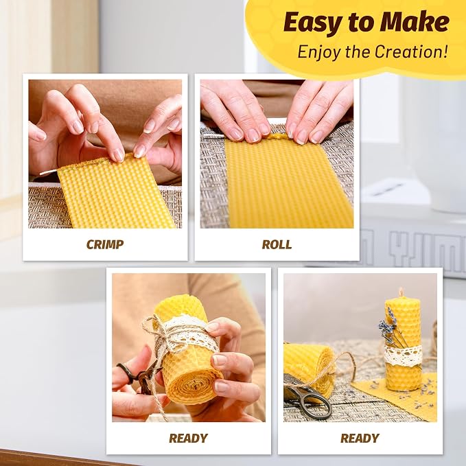HASSLICKIT Natural Beeswax Candle Making Kit for Beginners-12 Beeswax Sheets for Candle Making Rolling DIY Kits (Natural Yellow Color, 8 x 8 inch)