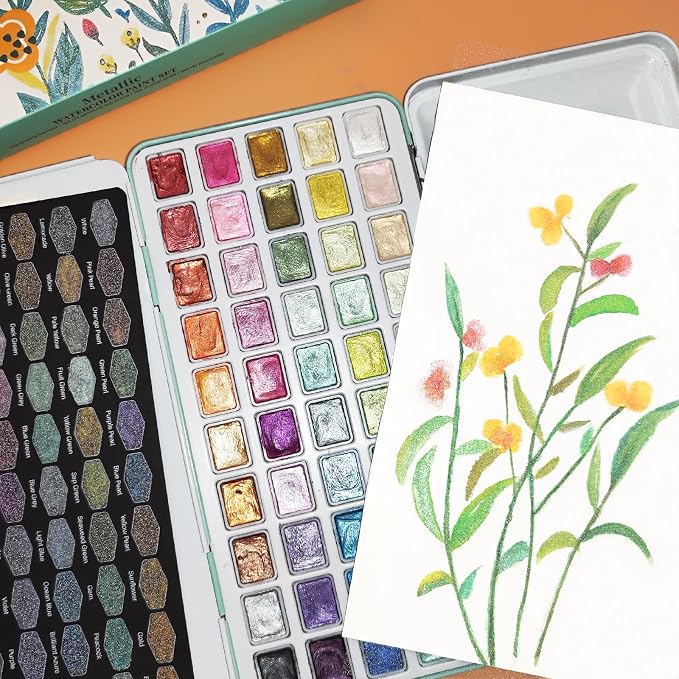 Artecho 50-Color Metallic Watercolor Paint Set with Easy-Hold Ring | 50 Metallic Colors with a Shimmer Finish; Includes Black and White Color Charts; Suitable for Dark and Light Paper