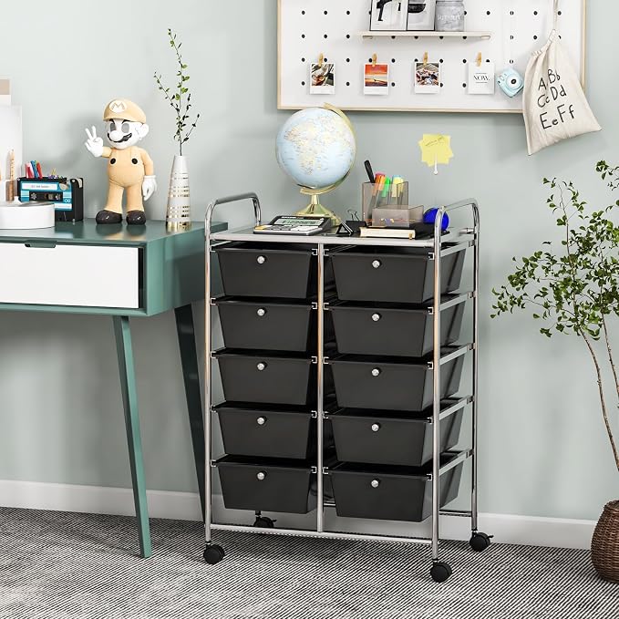 Giantex 10 Drawers Rolling Cart, Classroom Organizers, Storage Cart with Wheels, for Teacher Office Home School Supplies Tool Craft Art Paper, Black