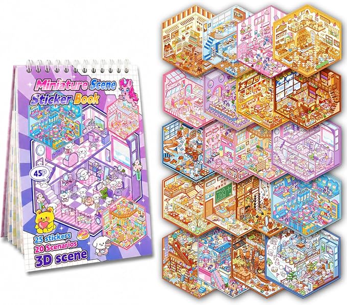 20 Sets 3D Sticker Scenes for Adults Fun Mini Cute Kawaii Stickers Therapy 3D Scenes 3D House Stickers Set Relief Stress Pass The Time