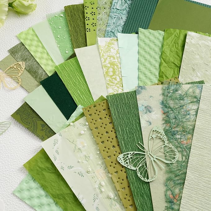 50 Sheets Unique Handmade Textured Scrapbook Paper & Mesh Fabric Set - Junk Journal Supplies Craft Paper for Scrapbooking Journaling Supplies for Junk Journal Retro Crafts（Green）