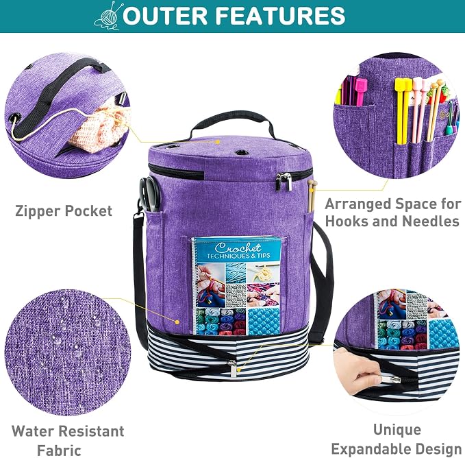 MYBAGZING Expandable Crochet Bag - Knitting and Yarn Storage Organizer Tote with Zipper Closure - Ideal Gift for Crocheting Accessories and Supplies