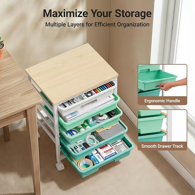 Pipishell Rolling Cart with 5 Drawers, Craft Storage Cart, Green Gradient