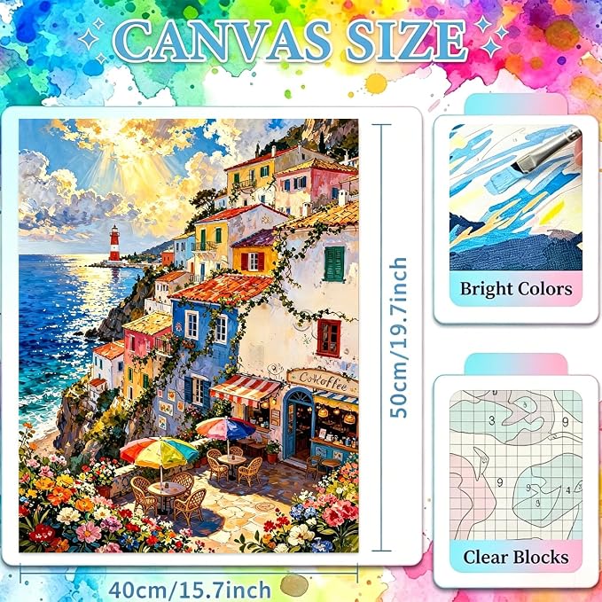 YarnWhimsy Seaside Paint by Numbers for Adults, Paint by Number 16x20 inch | Seaside Scenery Paint by Numbers Kit for Adults, Acrylic Painting by Numbers for Gift Home Wall Decor (without Frame)