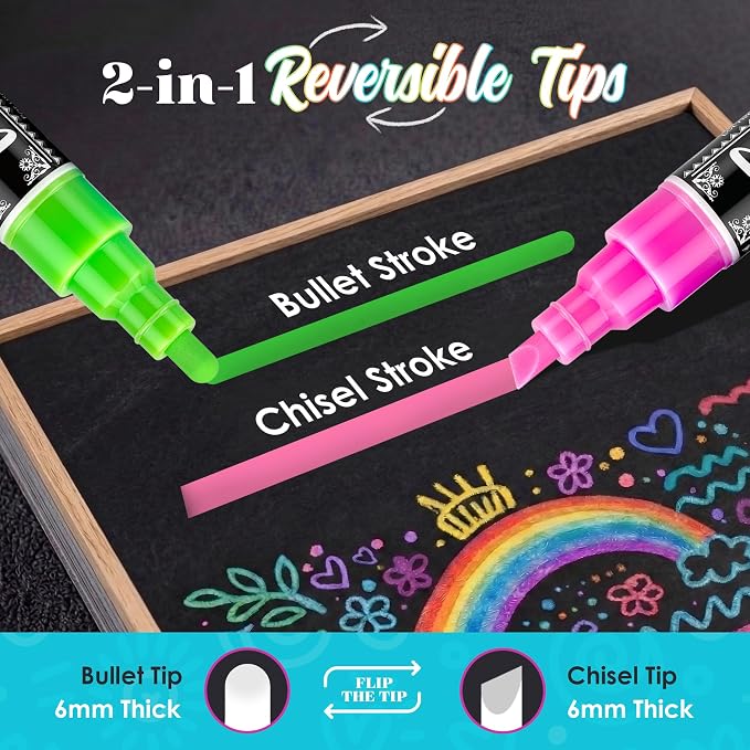 Loddie Doddie Chalk Markers, Liquid Chalk Pens, Reversible Tips, 24 Pack | More Coverage & Color Changes, 6mm Reversible Tips, Extra Tips, Erasable Chalk Markers for Blackboard, Chalkboard Markers