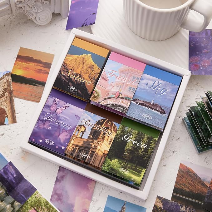 6 Sets 300 Pcs Washi Stickers Set Vintage Aesthetic Sticker Book for Journaling, DIY Retro Pattern Paper Sticker Decals for Bullet Journal Scrapbooking Diary Craft Gift Album Notebook for Women Girls