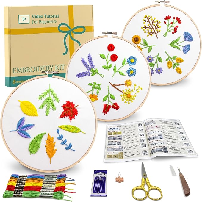 Bradove Leaves and Flowers Embroidery Kit for Beginners with Patterns | Beginner Embroidery Kit for Adults and Kids, Hand Embroidery for Beginners, Learn to Embroider Kit Adult Beginner