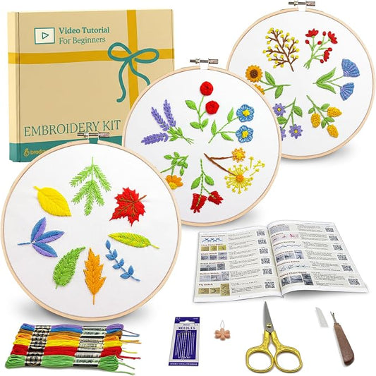 Bradove Leaves and Flowers Embroidery Kit for Beginners with Patterns | Beginner Embroidery Kit for Adults and Kids, Hand Embroidery for Beginners, Learn to Embroider Kit Adult Beginner
