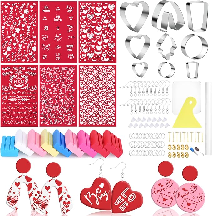 Rumia 114Pcs Polymer Clay Earring Making Kit: 6 Stencils, 9 Colors & Shapes, Tools & Accessories - Valentine's Day Gift