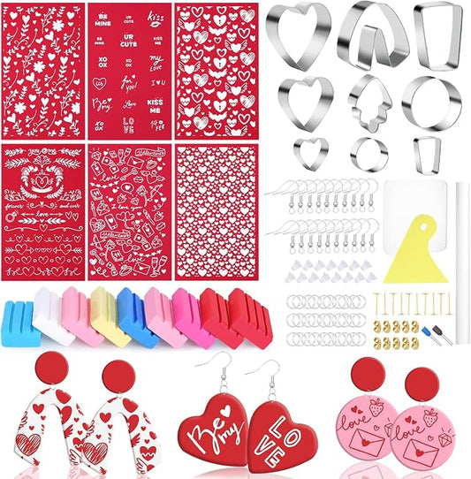 Rumia 114Pcs Polymer Clay Earring Making Kit: 6 Stencils, 9 Colors & Shapes, Tools & Accessories - Valentine's Day Gift